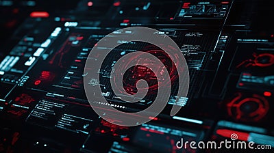 Futuristic head up display showing scanning progress and data analysis in red and blue colors Stock Photo