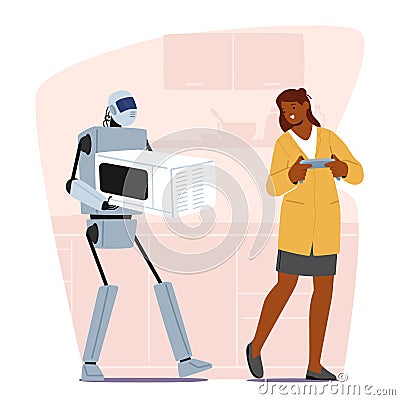 Futuristic Helpful Robot Loader Assists A Woman, Effortlessly Lifting A Heavy Microwave, Showcases Collaboration Vector Illustration