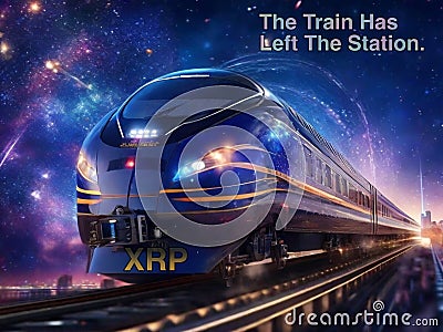 A futuristic high speed train traveling through a city, generated by AI. Stock Photo