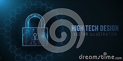 A futuristic high-tech lock made from a computer circuit board. Protected data. Glowing cyber padlock on a background with a Vector Illustration