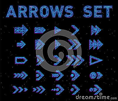 Futuristic Hologram HUD blue vector arrows set. English alphabet with hologram effect. Digital hi-tech style letters and Vector Illustration