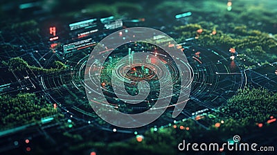 Futuristic hologram showing data analysis of forest with circular visualization and code displayed Stock Photo