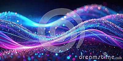 A Futuristic Holographic Dive into the Quantum Realm Dynamic Particle Waves in a Vibrant Neon Gradient Macro Stock Photo