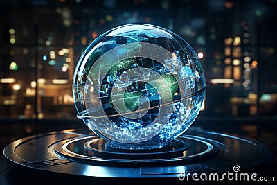 Futuristic Holographic Globe: Interconnected Continents and Technology Icons Stock Photo