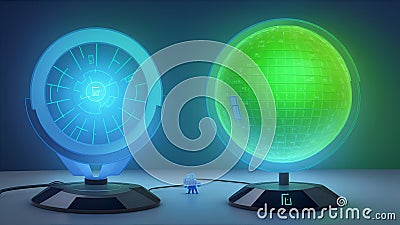 Futuristic Holographic Globes Shine. Blue Background. Stock Photo