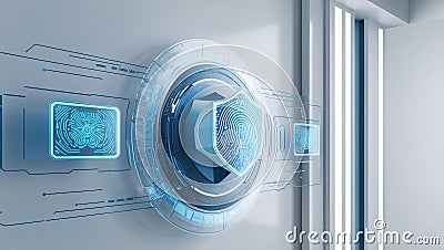 futuristic holographic interface showcasing digital identity verification and advanced biometric layers, emphasizing AI driven Stock Photo