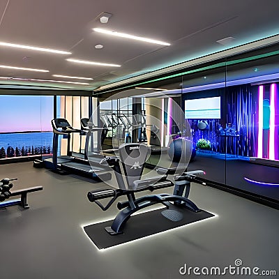 A futuristic home gym with virtual personal trainers, holographic workout displays, and high-tech exercise equipment4 Stock Photo