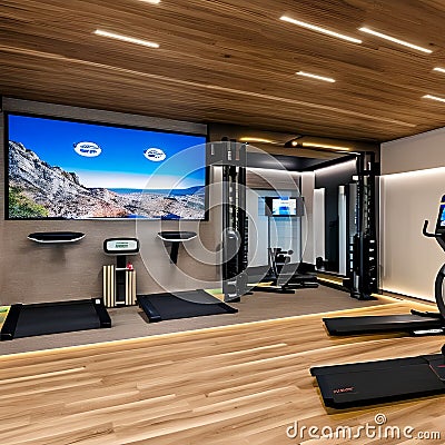 A futuristic home gym with virtual personal trainers, holographic workout displays, and high-tech exercise equipment5 Stock Photo