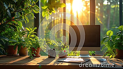 Futuristic Home Office, bright, airy space with tech and green plants, morning sunlight streaming in Stock Photo