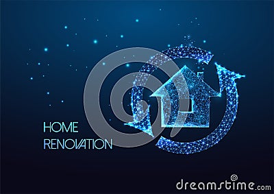 Futuristic home renovation, redesigning concept with glowing house icon and reload symbol Vector Illustration
