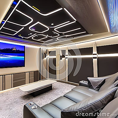 A futuristic home theater with reclining leather seats, LED starry ceiling, and state-of-the-art sound system2 Stock Photo