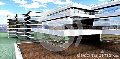 Futuristic hotel complex with open air stairs terraces and glass facade, Ecological high energy efficient materials. 3d rendering Stock Photo