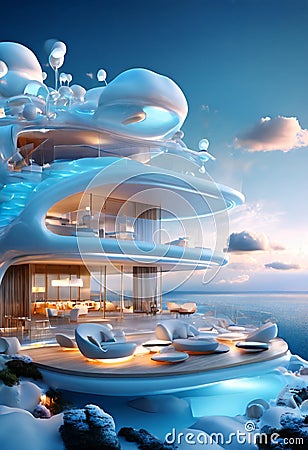 a futuristic house perched on a cliff, overlooking the ocean Stock Photo