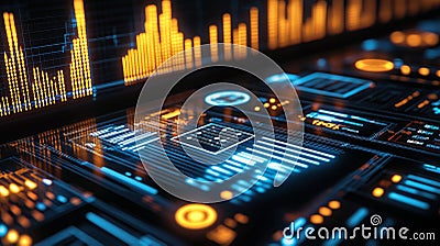 Futuristic HUD Display Analyzing Brainwave Data Visualization, Immersed in Synthwave Colors Stock Photo