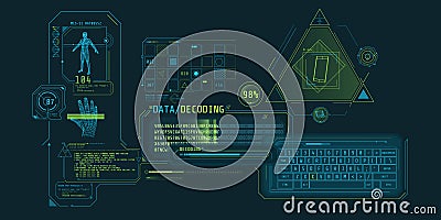 Futuristic HUD interface for entering and decoding personal data. Vector Illustration