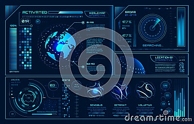 Futuristic hud interface. Future hologram ui infographic, interactive globe and cyber sky fi screen vector background illustration Vector Illustration