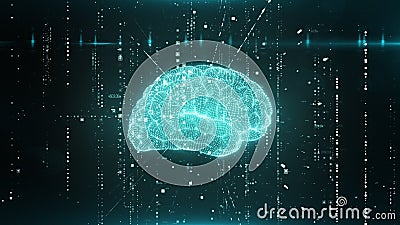 Futuristic human brain interface concept. Human brain and plexus structure revolving with skull scan and digits orbiting Stock Photo