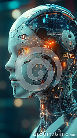 Futuristic humanoid robot with illuminated circuitry in a digital environment, profile view. Advanced artificial Stock Photo