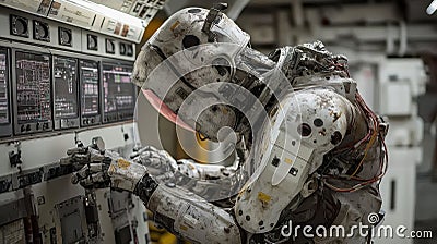 Futuristic humanoid robot in space command center operating control panels with advanced technology and ai integration Stock Photo