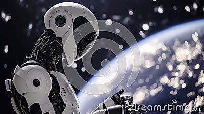 Futuristic humanoid robot in space with earth in the background interacting with ai technology and advanced robotics systems Stock Photo