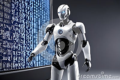 A futuristic humanoid robot stands against a backdrop of blue binary code, symbolizing advanced technology Stock Photo