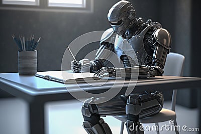 Futuristic humanoid robot writing with a pen, ChatGPT bot answering questions concept, Generative AI Stock Photo