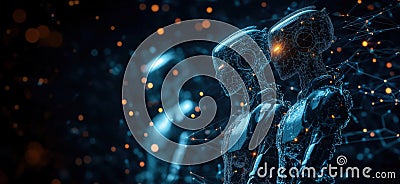 Futuristic humanoid robots, glowing circuitry, digital network background, advanced technology, artificial intelligence Stock Photo