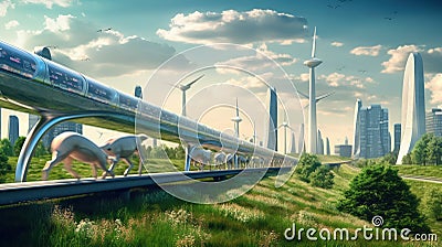 Futuristic Hyperloop Train with Integrated Solar Collectors and Wind Turbine in Modern City Background. Stock Photo