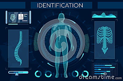 Futuristic identification process flat illustration. Smart recognition system, full body scan. Human digital model Vector Illustration