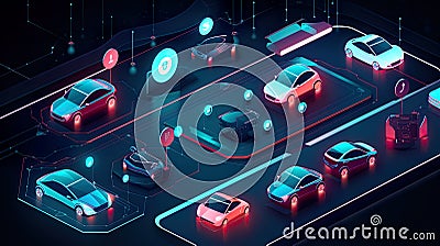 Futuristic illustration showcasing the potential of connected cars, with IoT and smart technologies, neon, AI generative Cartoon Illustration
