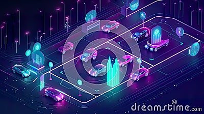 Futuristic illustration showcasing the potential of connected cars, with IoT and smart technologies, neon, AI generative Cartoon Illustration