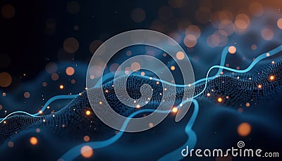 Futuristic illustration shows complex data connections. Abstract network visualization. Dynamic lines, particles. Complex Cartoon Illustration