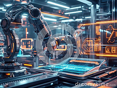 A futuristic image features a dexterous robotic arm in an automated production setting, surrounded by complex machinery Stock Photo