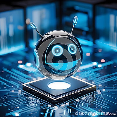 Futuristic image of spherical robotic entity amidst blue digital circuitry matrix Stock Photo