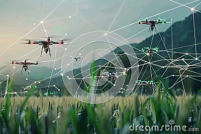 A futuristic image where drones hover above a field, connected by a web of white lines, indicating advanced agricultural Stock Photo