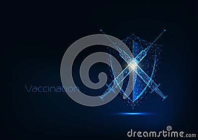 Futuristic immunization concept with glow low polygonal syringe with vaccine and protection shield Vector Illustration