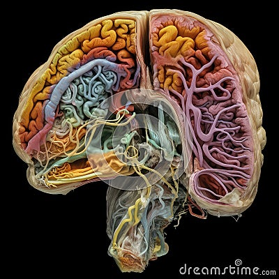 Futuristic incision of human brain with variety of different color veins and vessels Stock Photo