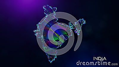 Futuristic India Map Polygonal Blue Purple Colorful Connected Lines Dots Wireframe Network With Text On Hazy Flare Bokeh Stock Photo