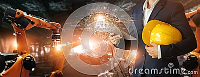 Futuristic industry concept for artificial intelligence, Manager Technical Industrial Engineer analyzing and control robotics Stock Photo