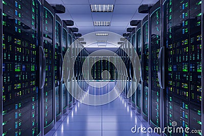 Futuristic infrastructure data center displays network servers in orderly row Stock Photo
