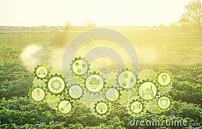 Futuristic innovative technology gears and a farmer processing a potato plantation with a sprayer. Protection from insect pests Stock Photo