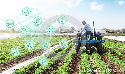 Futuristic innovative technology pictogram and a farmer on a tractor. Agricultural startups, improvements, digitalization Stock Photo