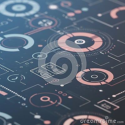 Futuristic interface design with circular and rectangular digital elements on a dark Stock Photo