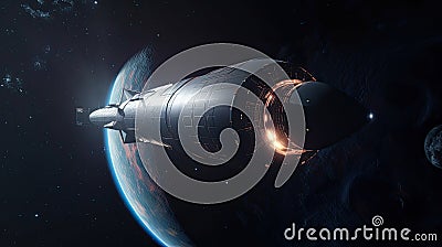 Futuristic intergalactic spaceship on the background of a blue planet Stock Photo