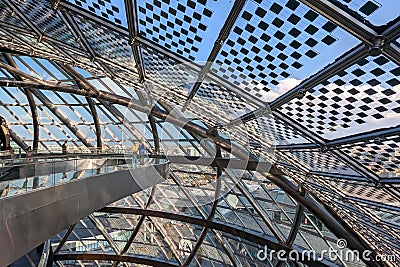 Futuristic interior, transparent glass bridges and panoramic windows on the eighth floor of Nur Alem. Energy of the future. Astana Editorial Stock Photo
