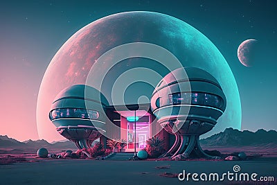 Futuristic isolated hotel with pink and blue neon on a planet with two moons. Generative AI Stock Photo