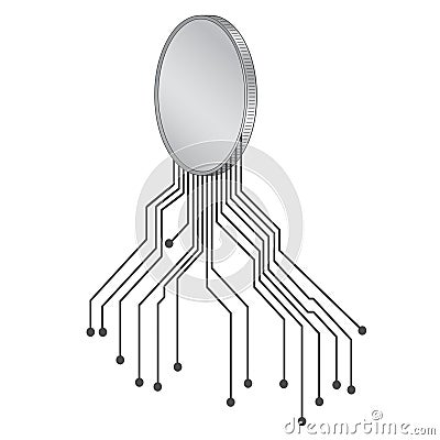 Futuristic isometric coin with PCB tracks in gray isolated on white. Blank for logo or symbol. Vector Illustration