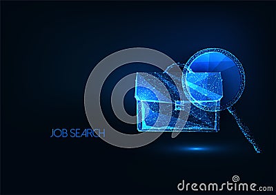 Futuristic job search, recruiting concept with glowing briefcase and magnifying glass on blue Vector Illustration