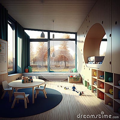 futuristic kindergarden interior. Generative AI Stock Photo