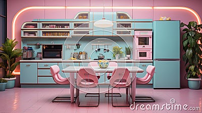 Futuristic kitchen, background, metaverse, virtual background, immersive, virtual reality, neon lighting, Retrowave style, vintage Stock Photo